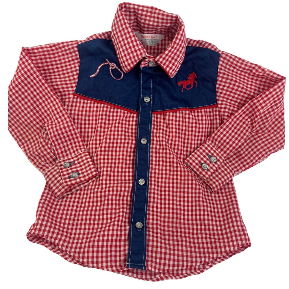 Vintage Health-tex Kids Western Shirt Red Gingham Horse Lasso Size 4 Made in USA